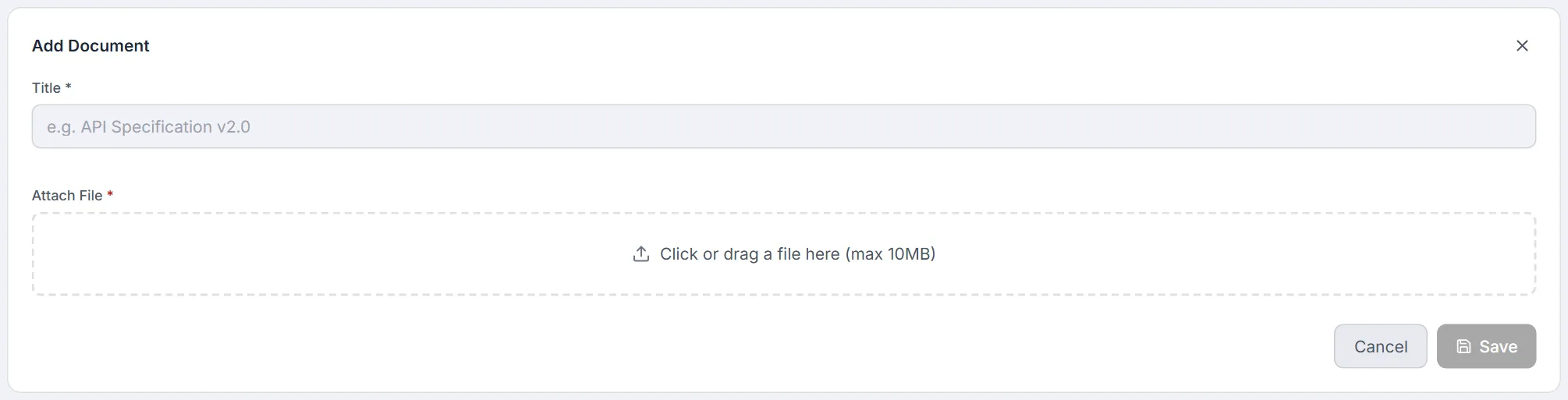 Add Document form — title and the required file drop zone