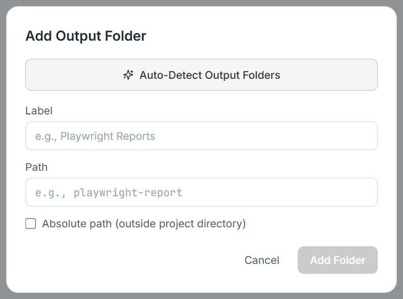 Add Output Folder dialog — Auto-Detect Output Folders button, Label and Path fields, the Absolute path checkbox, and Cancel / Add Folder