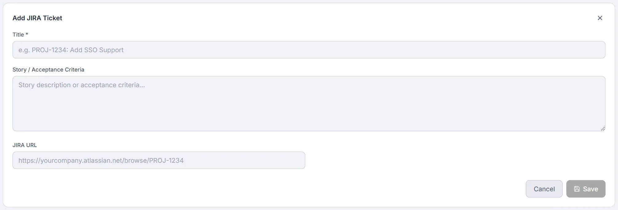 Add JIRA Ticket form — title, story / acceptance criteria and JIRA URL