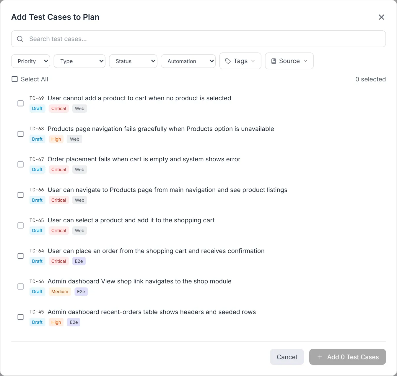 Add Test Cases to Plan picker — search, filter row, Select All, selectable case rows and the Add N Test Cases button