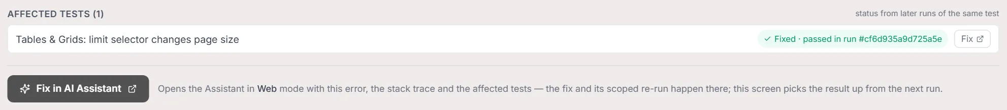 Affected tests list with a Fixed · passed in run #… status and a per-test Fix button, above the group's Fix in AI Assistant button and its explanation