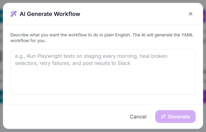 AI Generate Workflow dialog with a plain-English description box and the Generate button