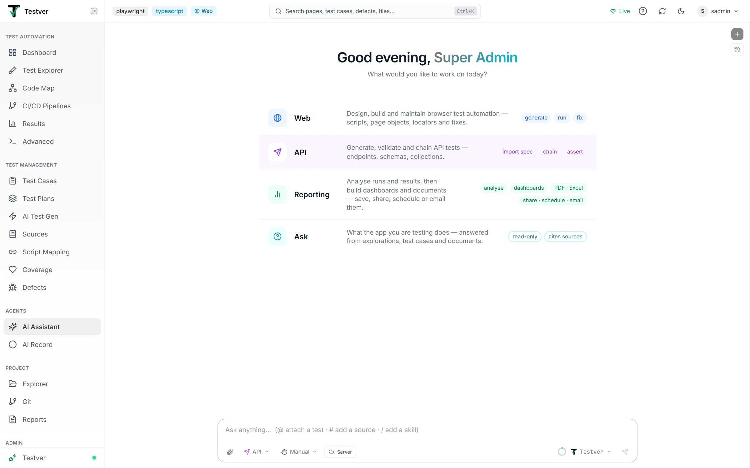 The AI Assistant with API mode chosen — the API row highlighted on the welcome screen and API shown in the composer