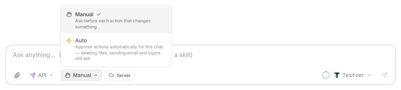 The Manual / Auto permission picker open next to the API mode chip