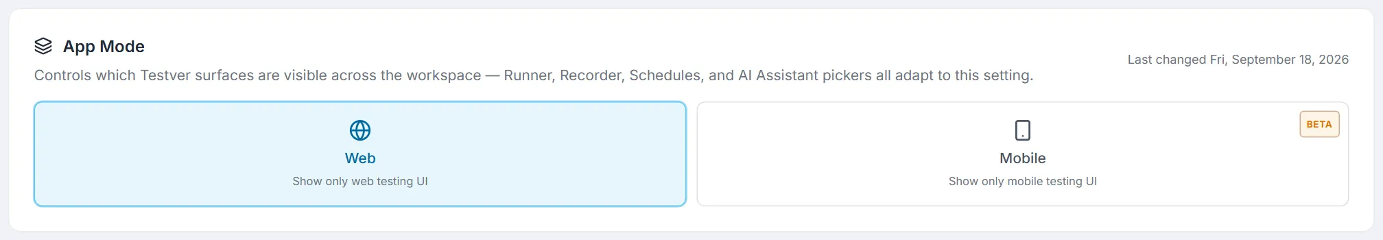 App Mode card with the Web tile selected, the Mobile tile marked Beta, and the last-changed date