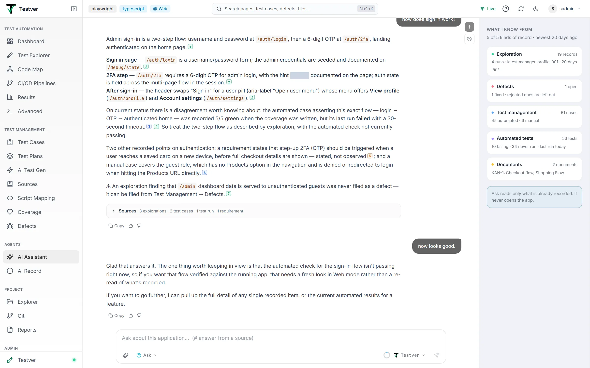 An Ask-mode answer with numbered source markers, the Sources summary, Copy and thumbs up / down, and the What I know from panel on the right