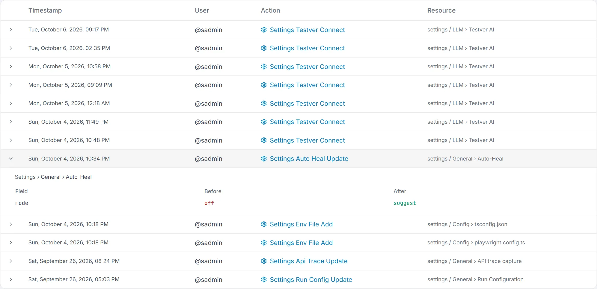 An expanded Settings Auto Heal Update entry — Settings › General › Auto-Heal with a Field / Before / After table (mode: off → suggest)