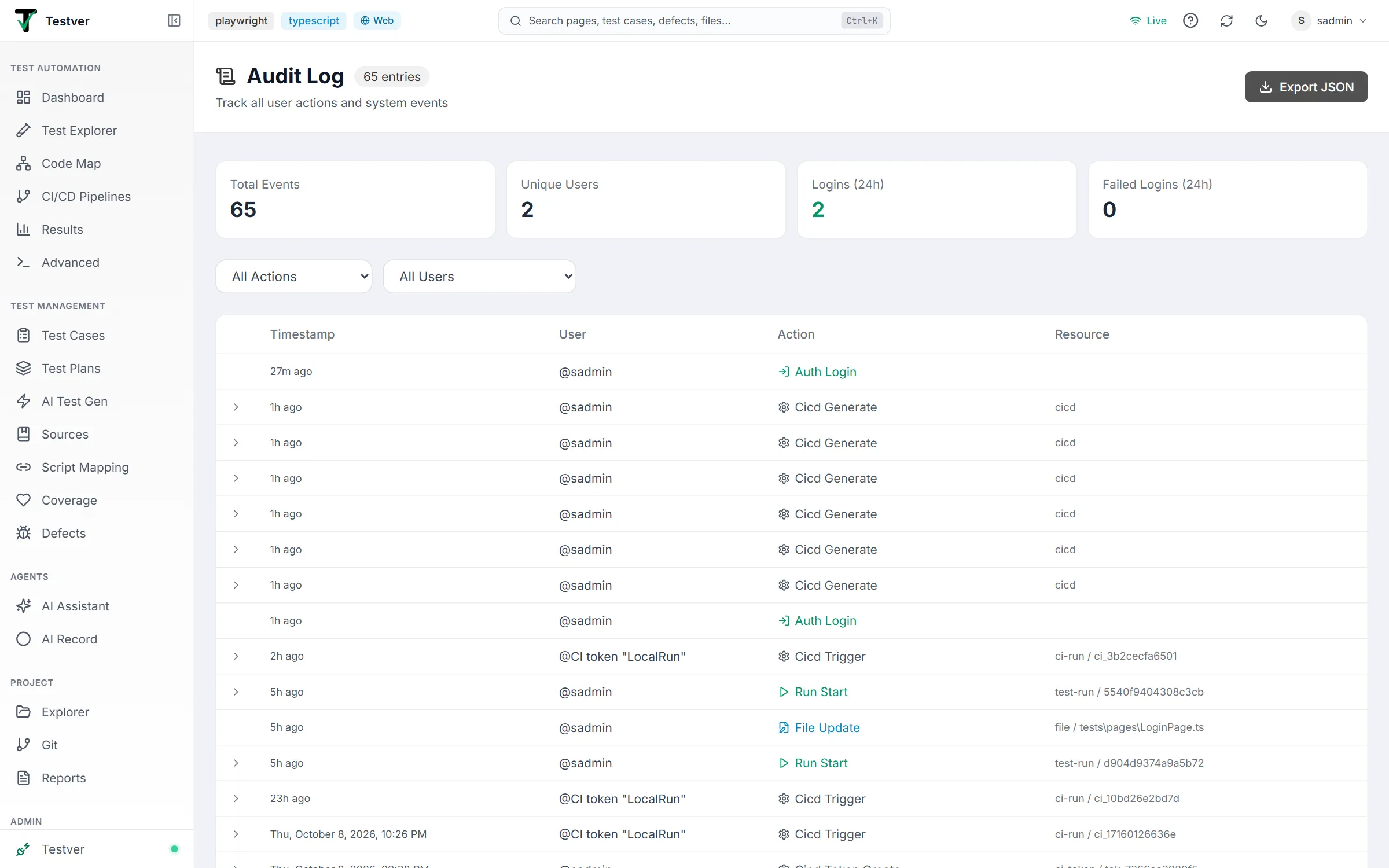 The Audit Log screen — entry count, Export JSON button, four stat cards, the action and user filters, and the event table