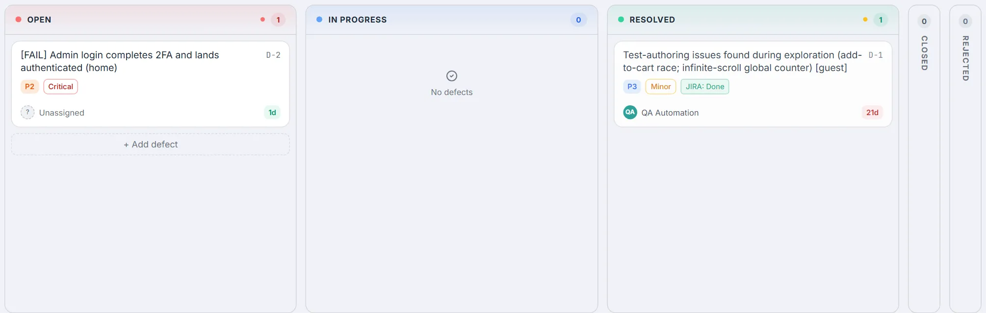 Board view — Open, In Progress and Resolved columns with defect cards, and collapsed Closed and Rejected columns
