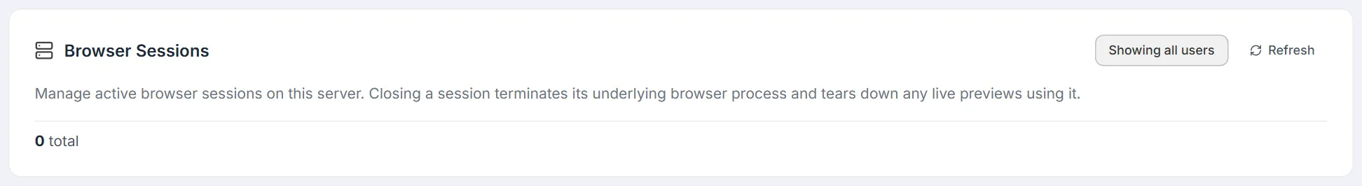 Browser Sessions header card with Showing all users switched on, Refresh, and the session total