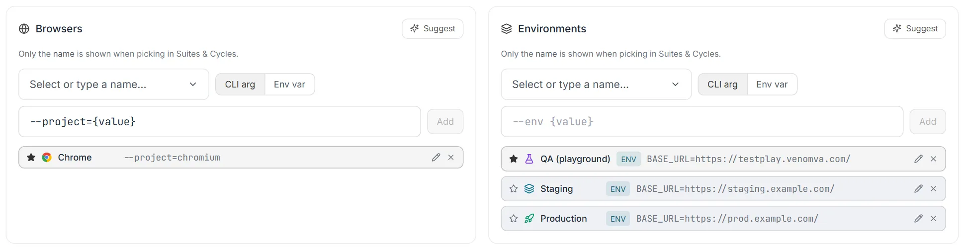 Browsers and Environments lists — the add row with CLI arg / Env var, a starred default entry, and pencil and remove buttons on each entry