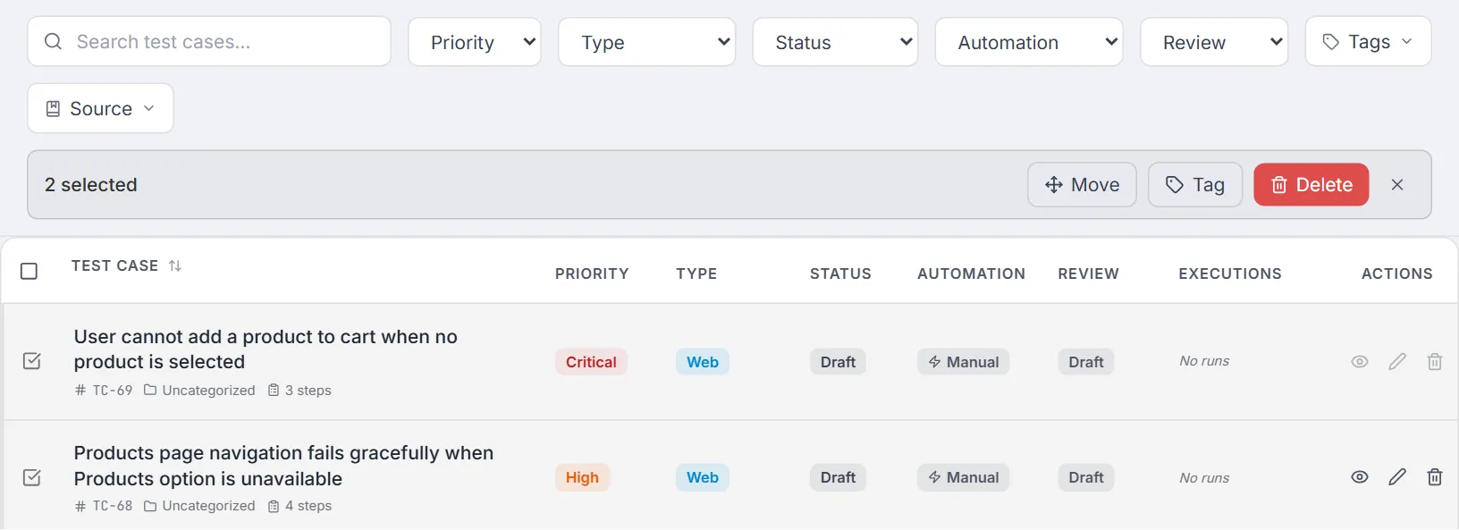 Two cases selected — the bulk action bar shows 2 selected with Move, Tag, Delete and clear buttons