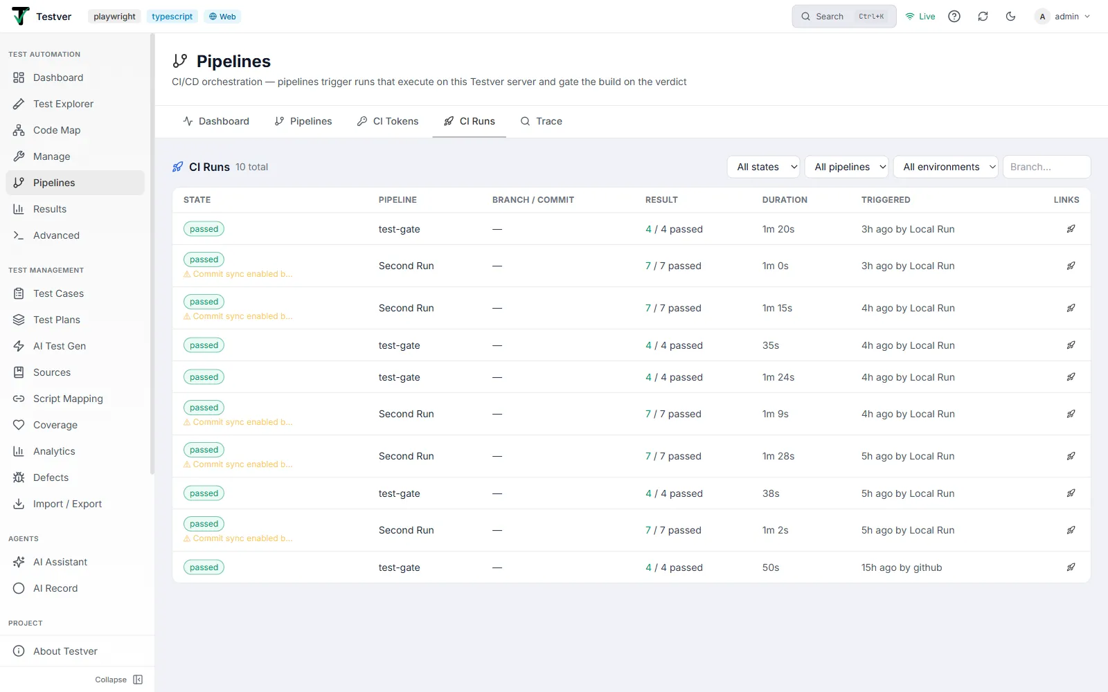 CI Runs tab — full history of CI-triggered runs with state, pipeline, result, and duration columns