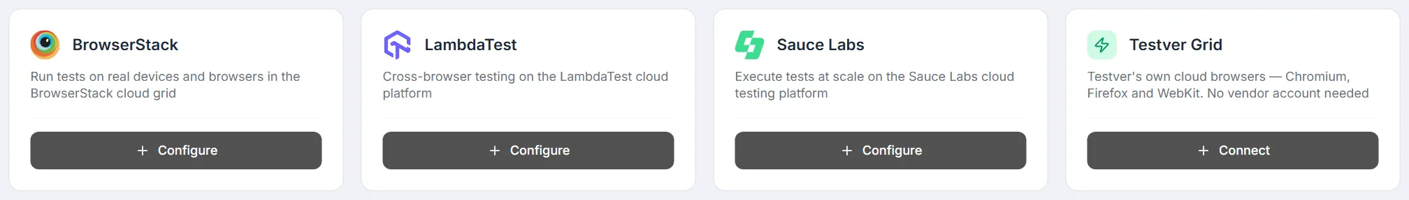 Cloud Testing Providers row — BrowserStack, LambdaTest and Sauce Labs cards with Configure, and the Testver Grid card with Connect