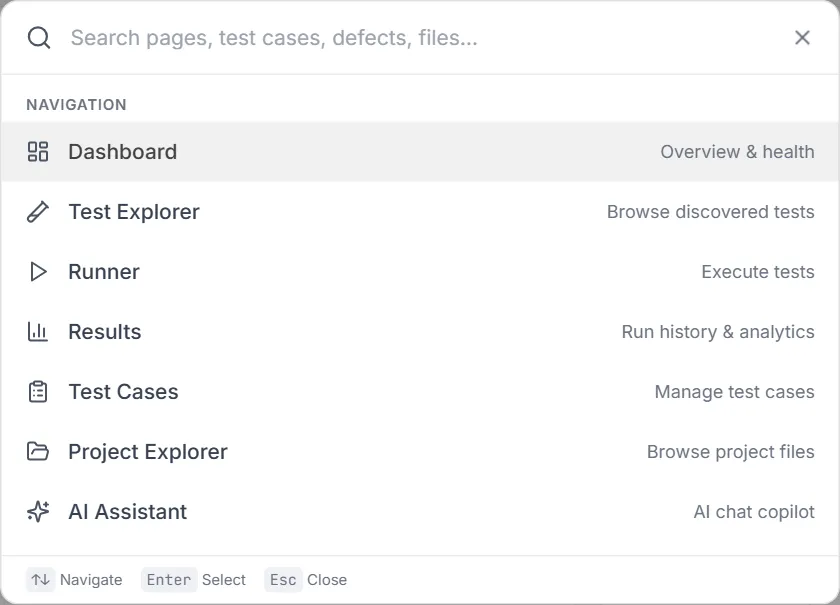 The Command Palette opened with Ctrl+K — empty search box, the Navigation list of primary screens and the key hints in the footer