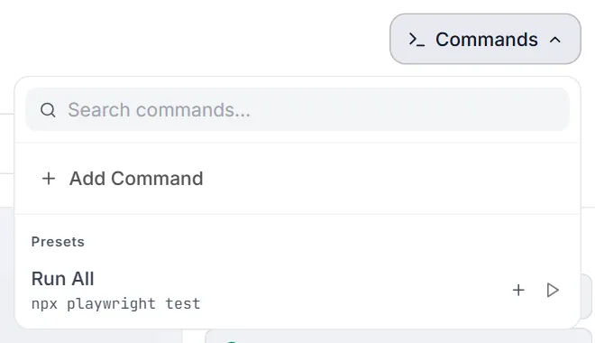 The Commands menu open — search box, + Add Command, and the Presets section with the Run All preset (npx playwright test) and its add and run icons