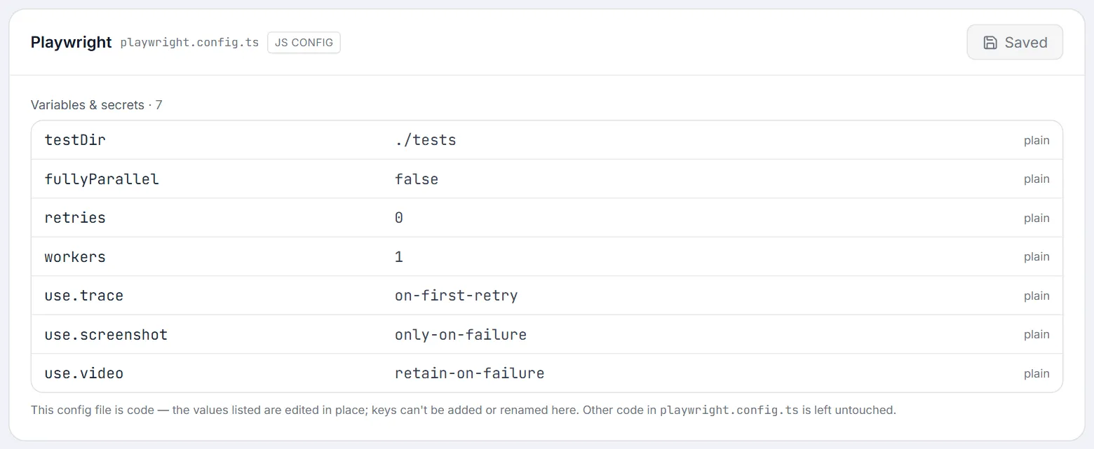 Config editor for playwright.config.ts — JS CONFIG badge, Saved button, and the Variables & secrets table with each value flagged plain