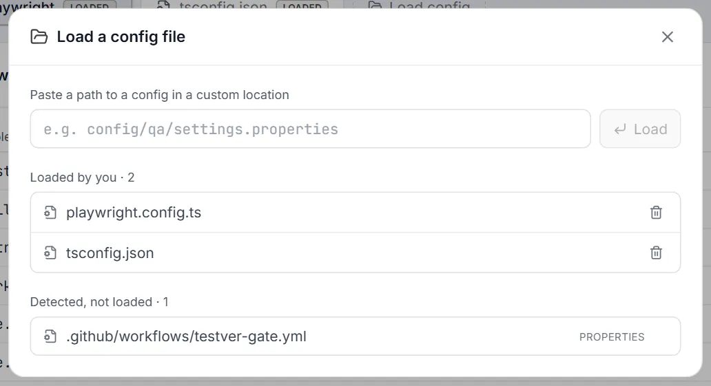 Load a config file dialog — a path box with Load, the files loaded by you with un-load buttons, and a detected file not yet loaded