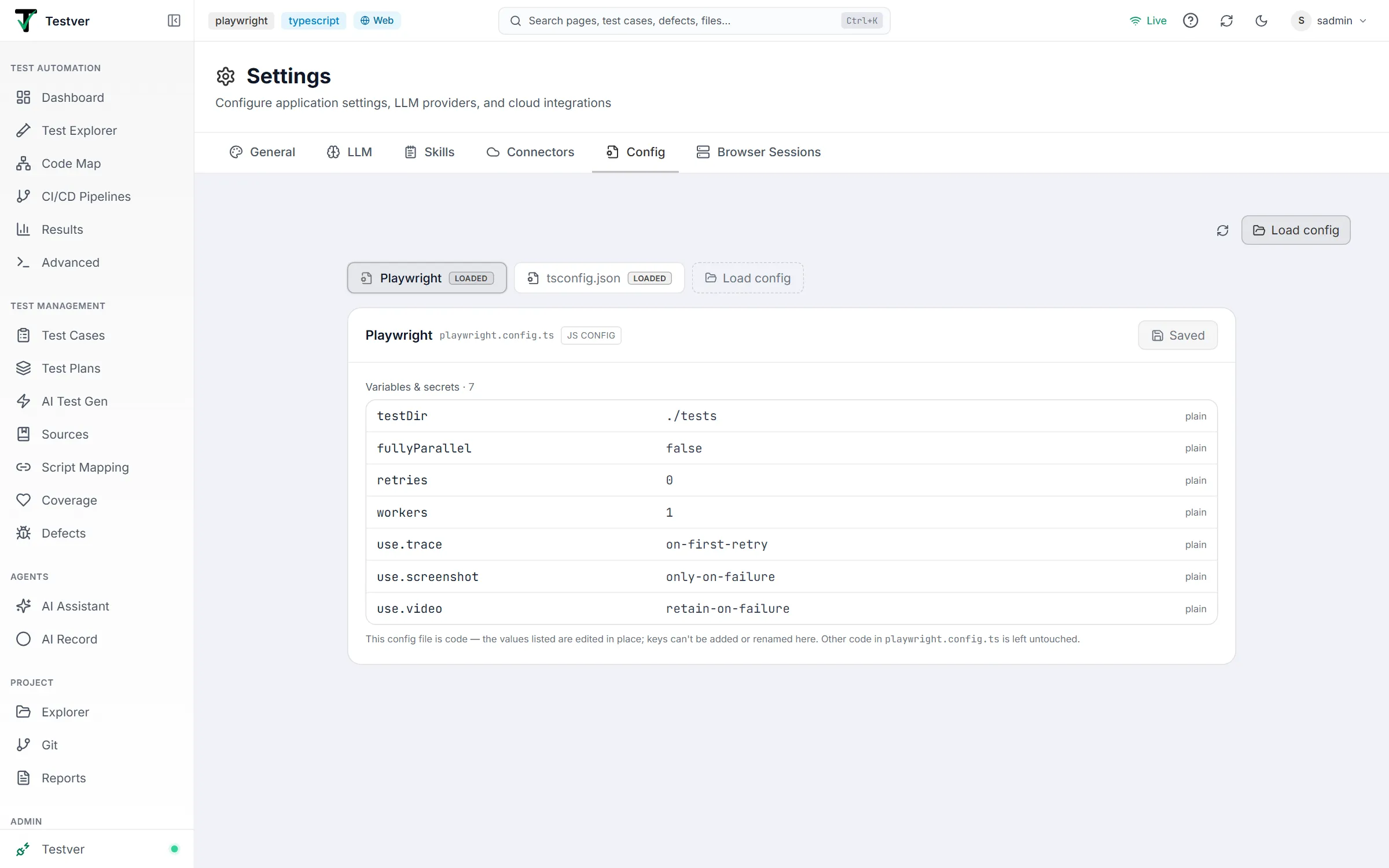 Config tab — file chips for playwright.config.ts and tsconfig.json, the Load config chip, and the selected file's values