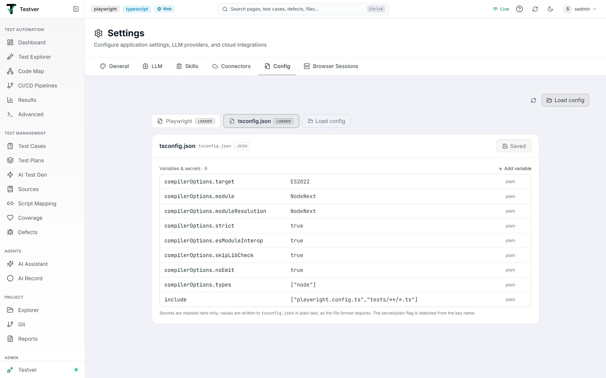 Config tab with tsconfig.json selected — JSON badge, Add variable link, and its compilerOptions values