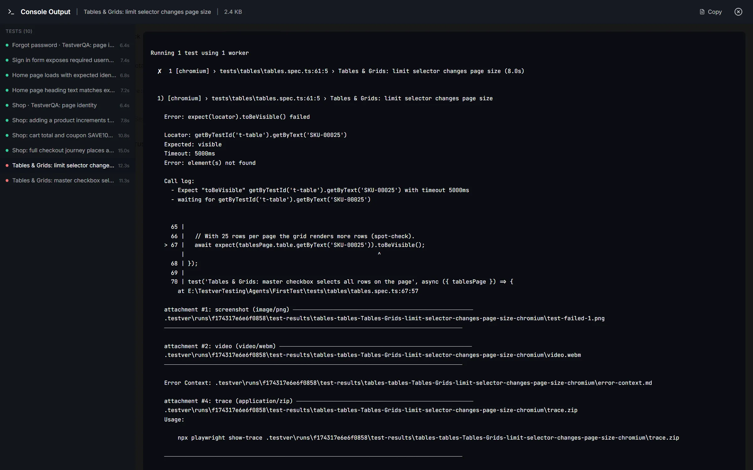 The Console modal for a suite run — per-test sidebar with status dots and durations on the left, the selected failed test's own console output on the right