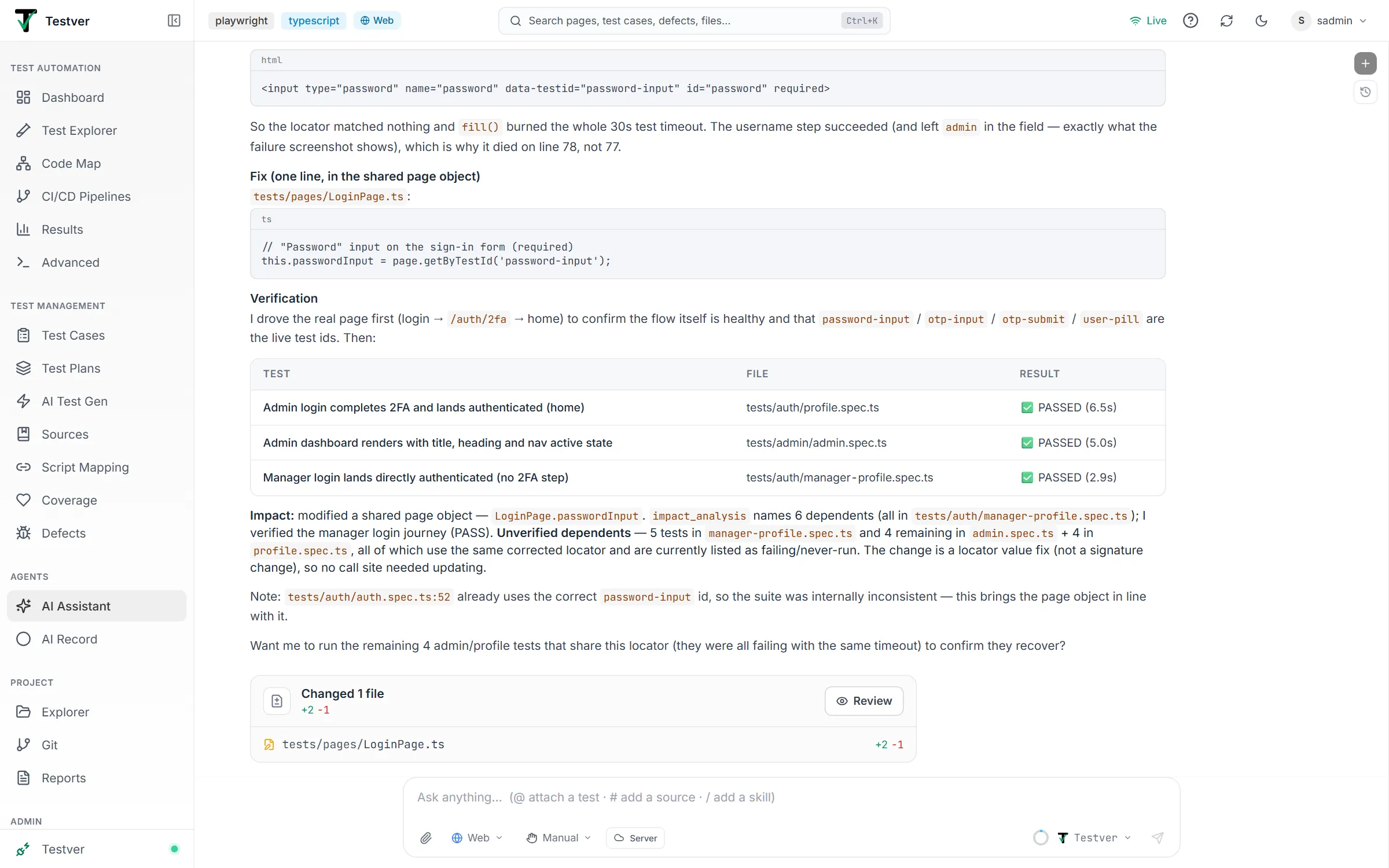 A reopened Web-mode conversation — the AI reply with code blocks, a results table and the Changed 1 file card