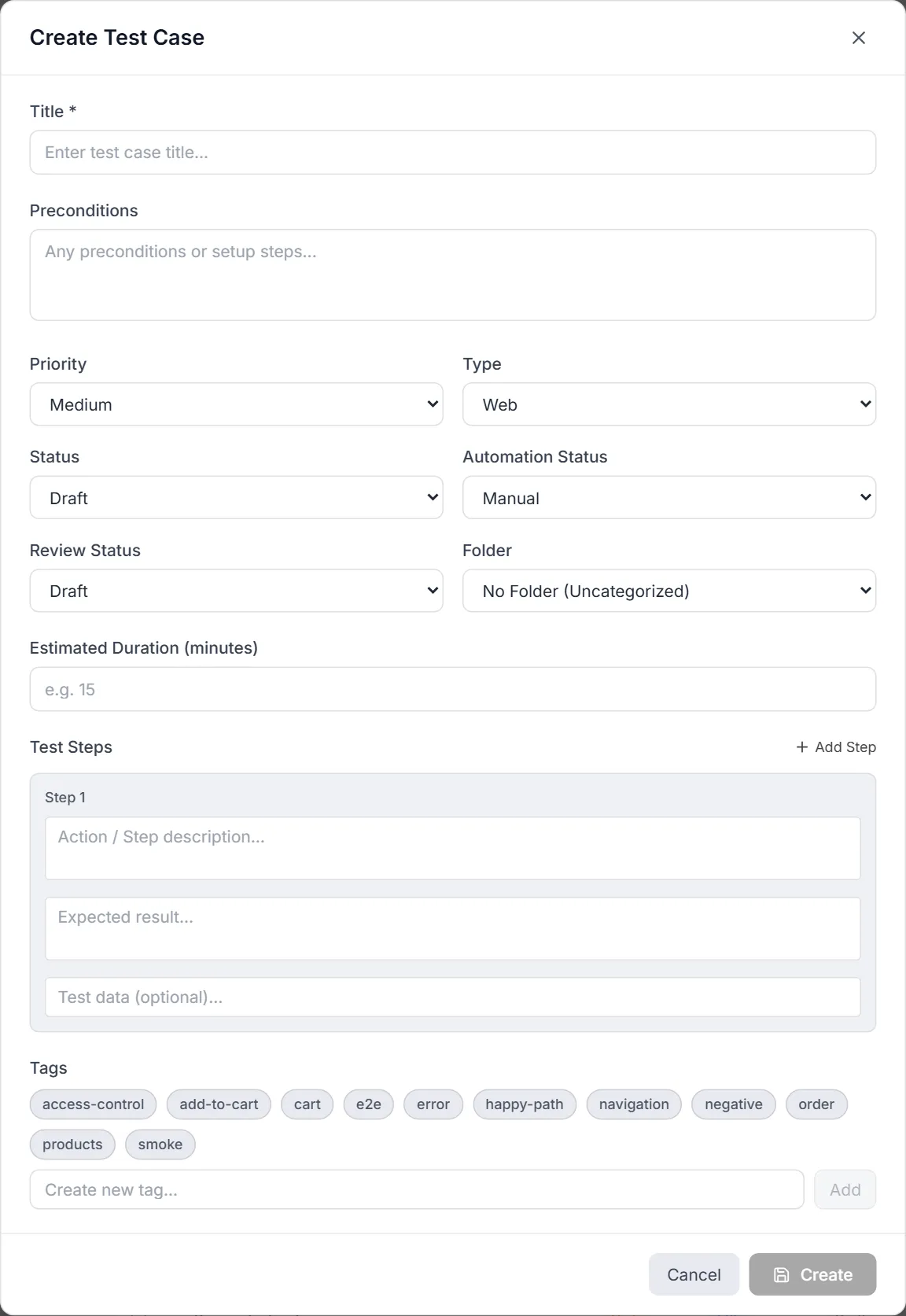 Create Test Case dialog — title, preconditions, classification dropdowns, folder, estimated duration, a step card, tags and the Create button
