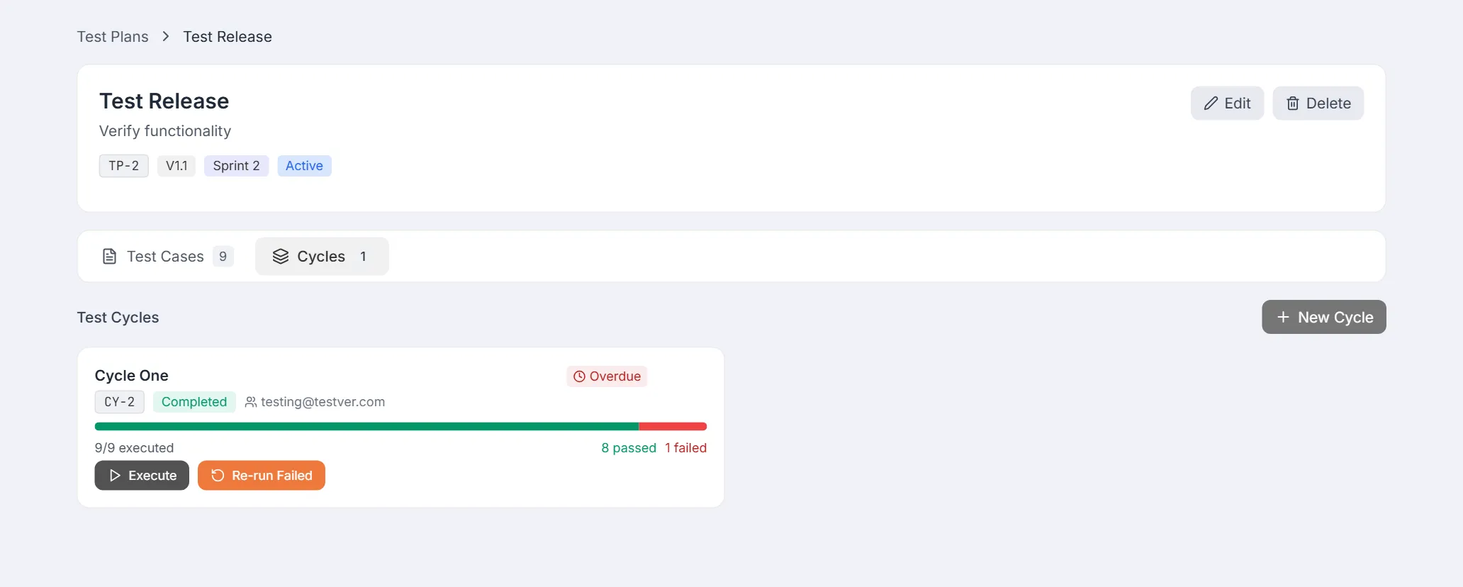Cycles tab with a cycle card showing status, assignee, progress, Overdue badge, Execute and Re-run Failed