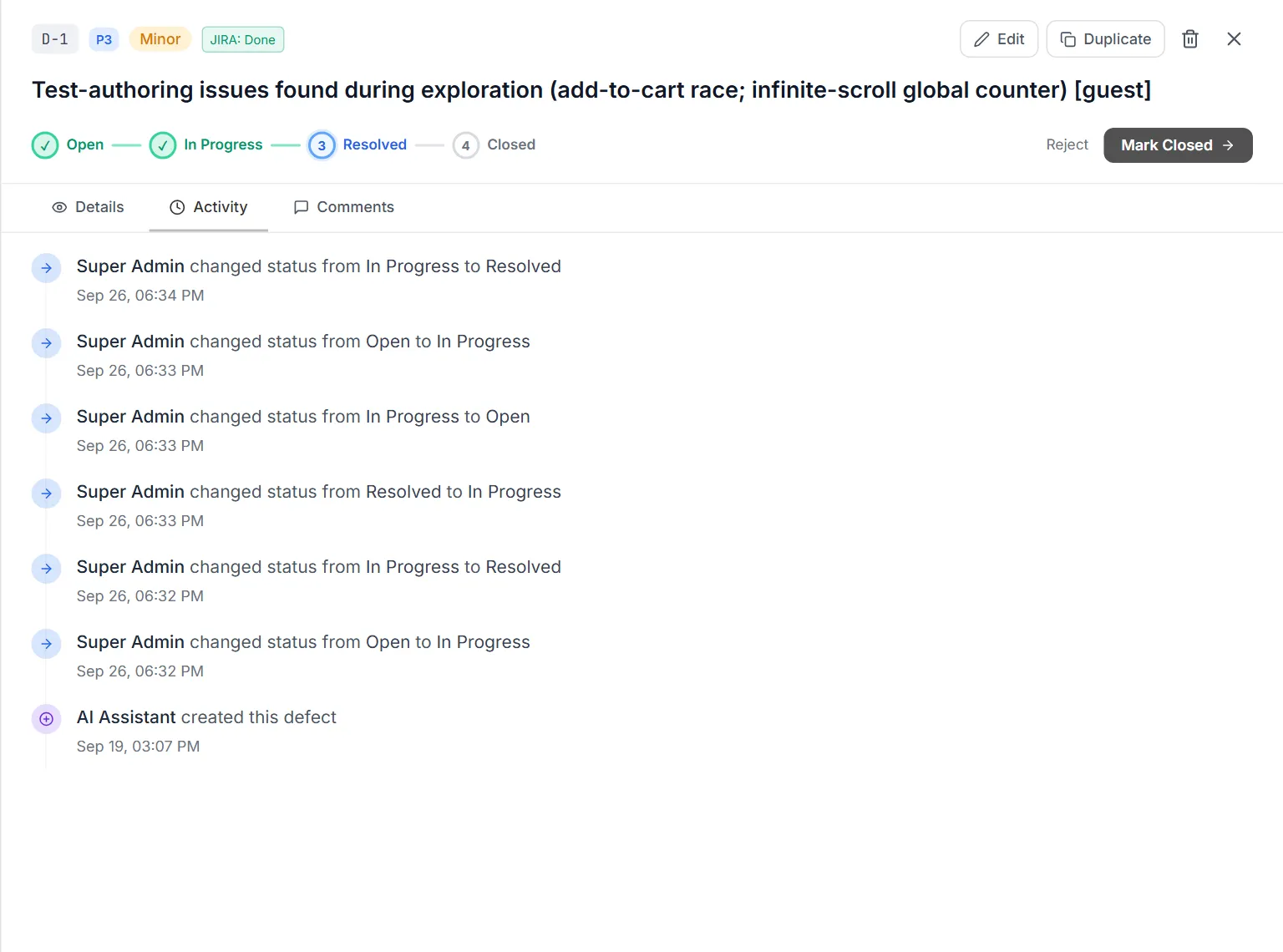 Activity tab — timeline of status changes and creation