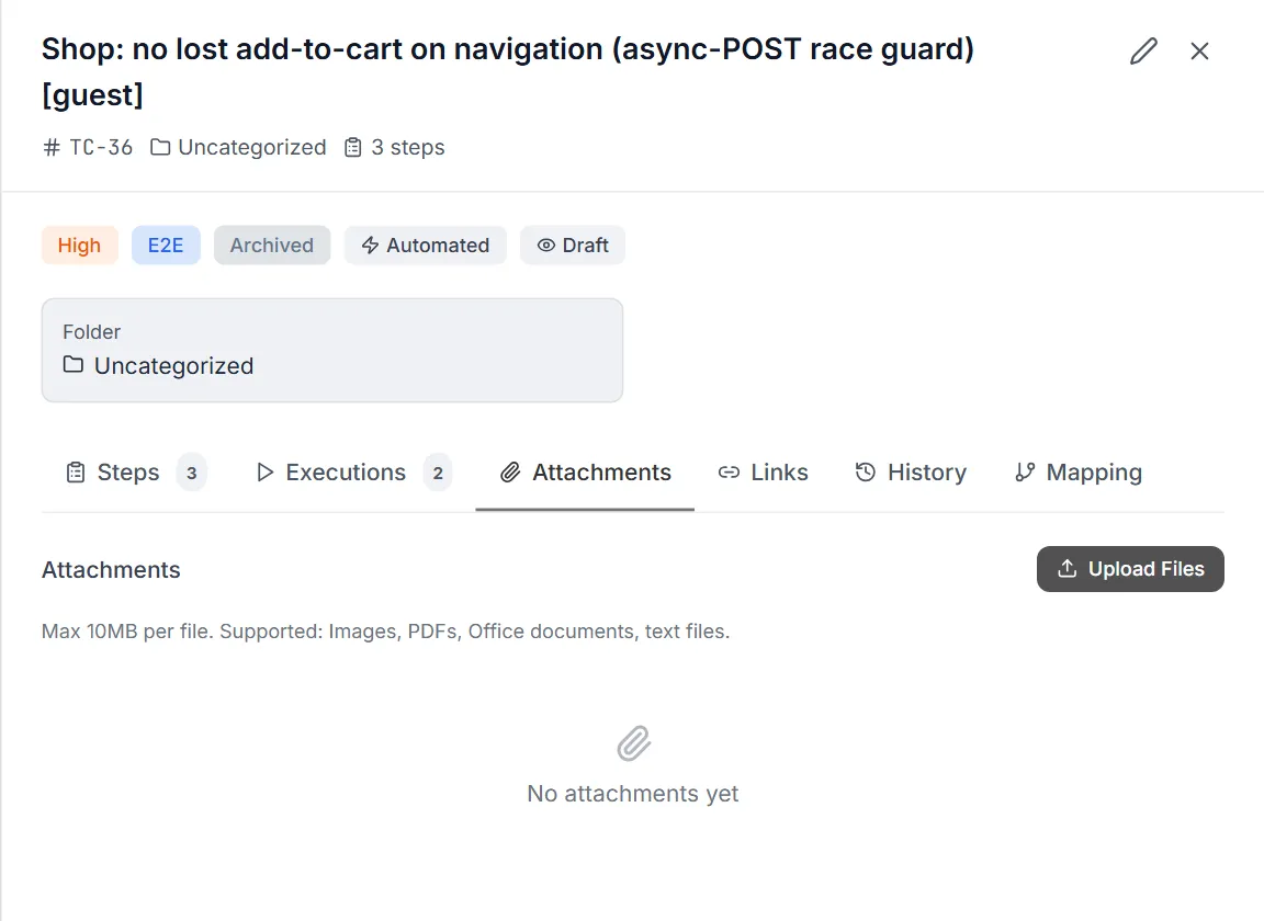 Attachments tab of the case detail panel with the Upload Files button and the 10 MB limit note