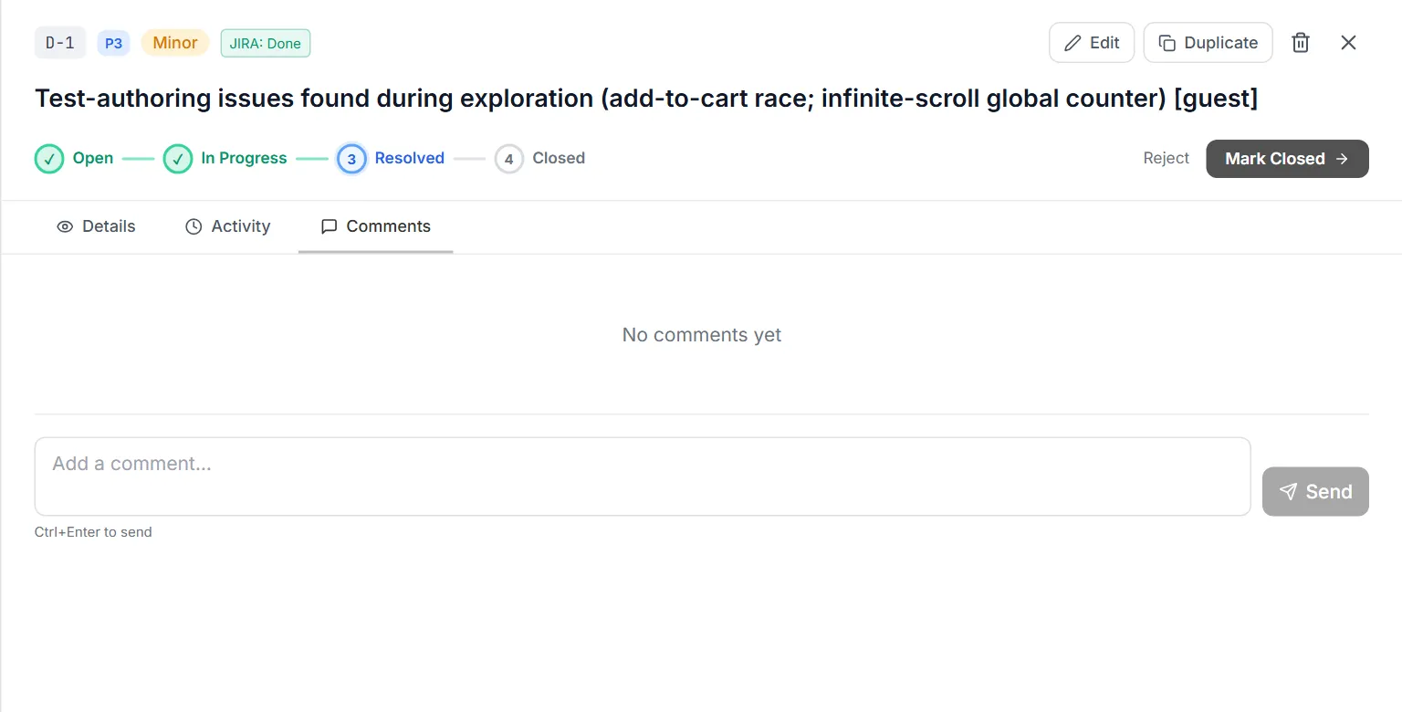 Comments tab — empty state, comment box and Send