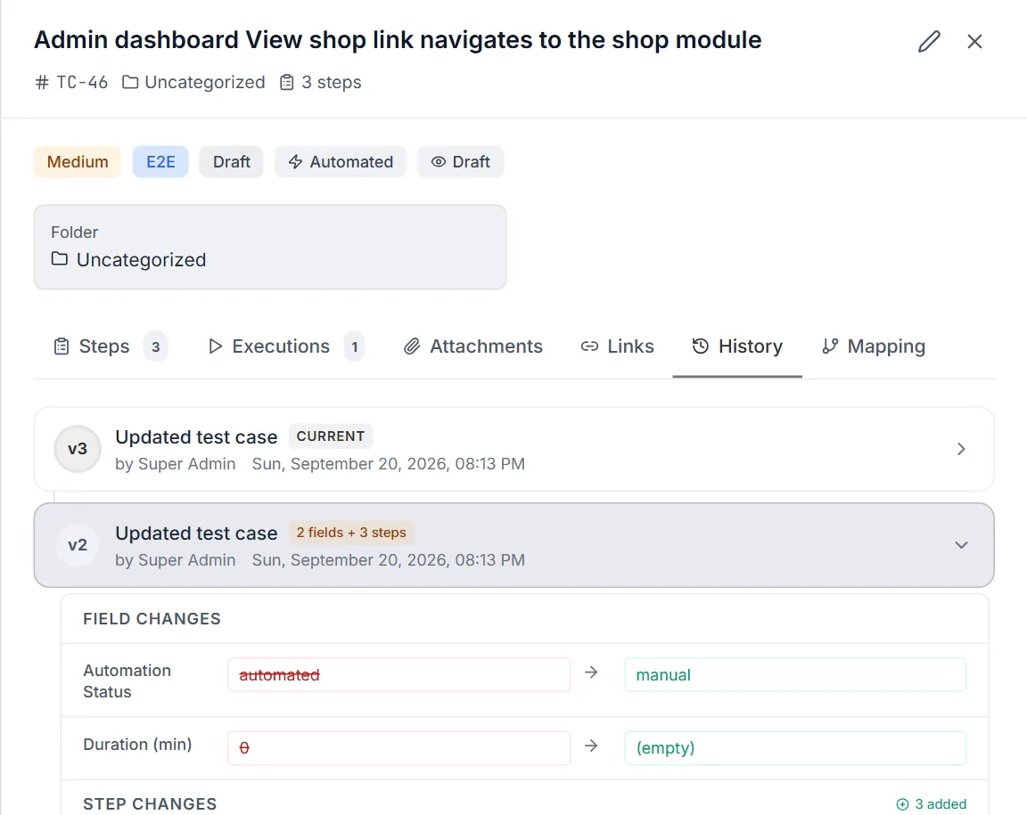 History tab — version timeline with v2 expanded to show field changes and step changes