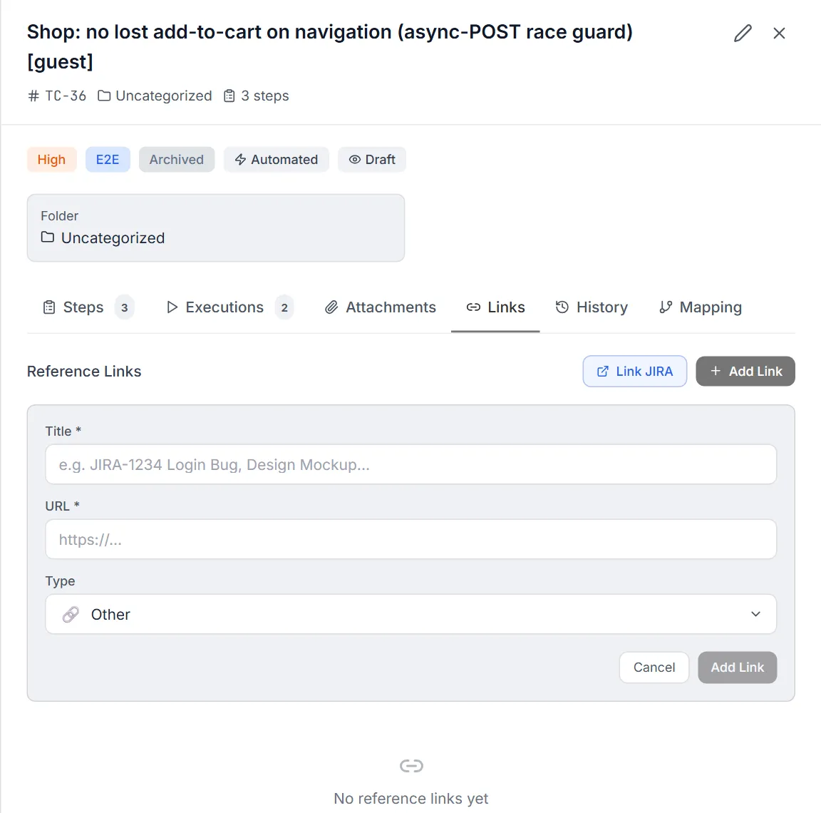Links tab with Link JIRA and Add Link, and the add-link form (title, URL, type)