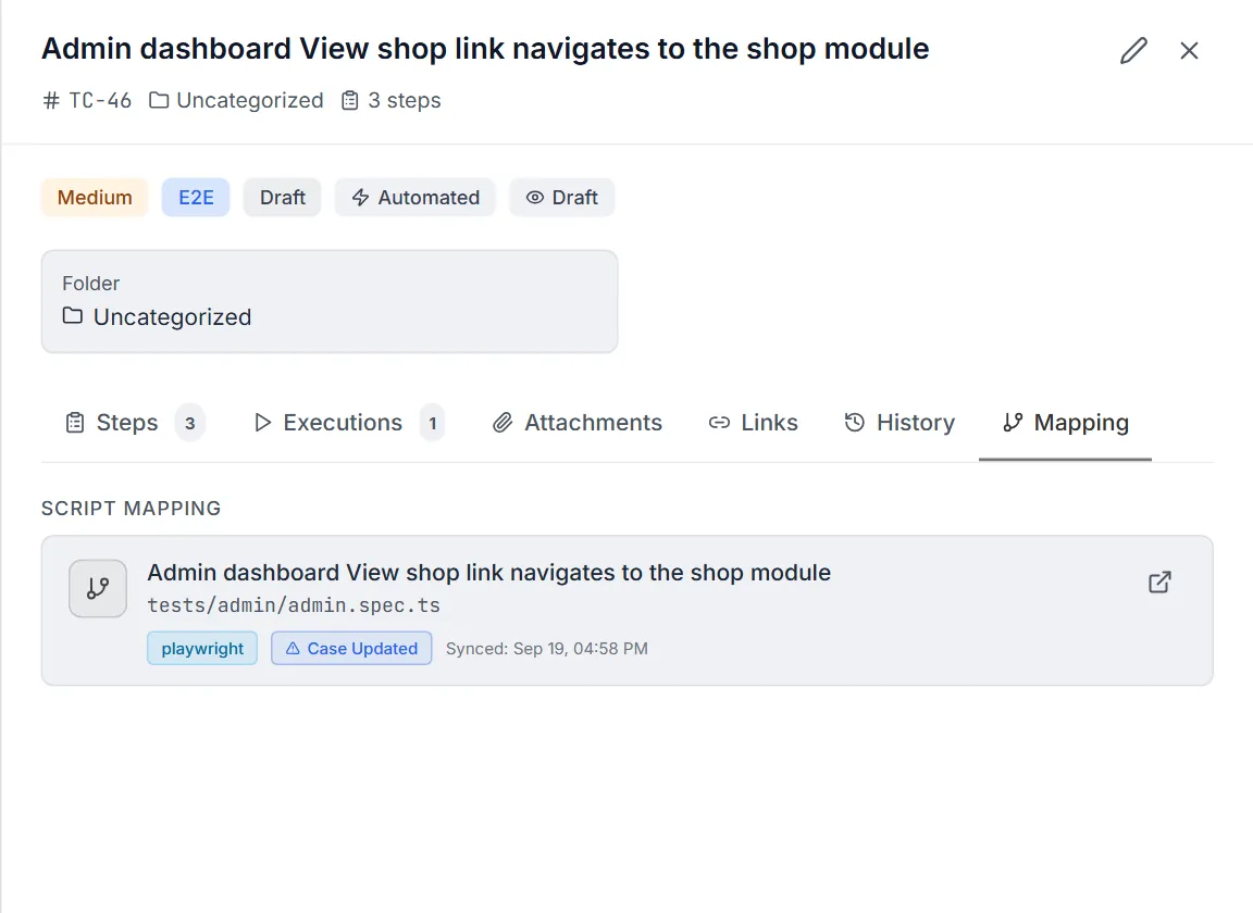 Mapping tab — the mapped Playwright script with file path, framework badge, sync status and an open-in-new-tab button