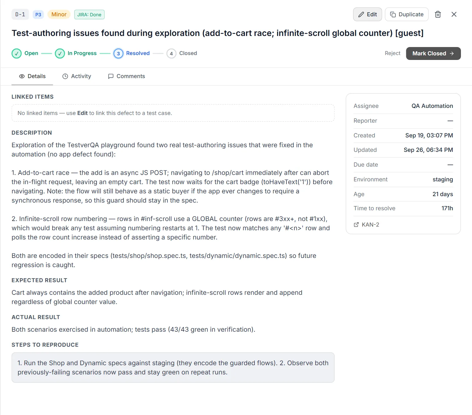 Defect detail panel on the Details tab — header badges, workflow bar, description, expected / actual result, steps and the info card with the JIRA link