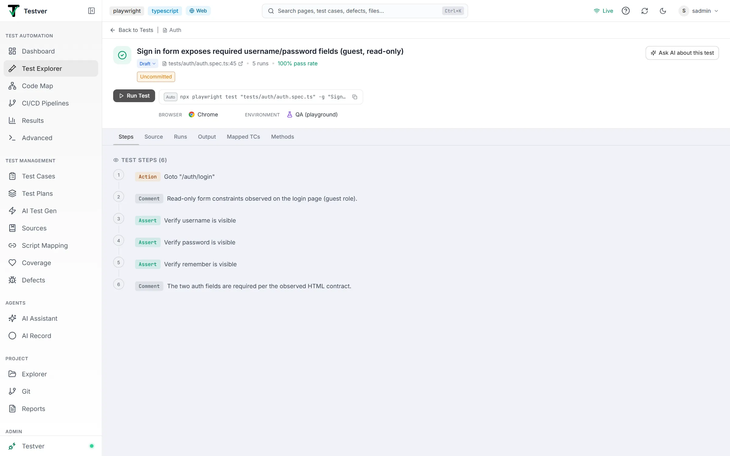Test detail view: Back to Tests bar, the test header with status, script status, file link, run count and pass rate, Run Test with its command, and the Steps, Source, Runs, Output, Mapped TCs and Methods tabs