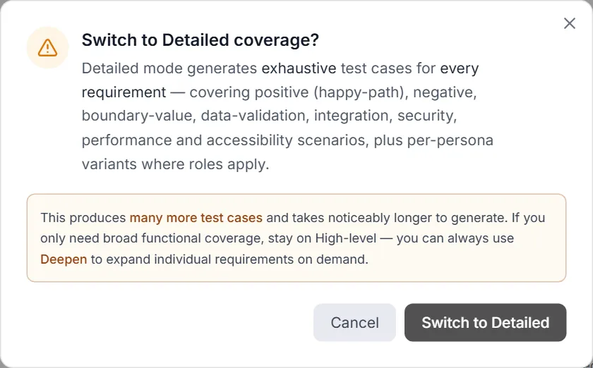 Switch to Detailed coverage? confirmation — what Detailed adds, the Deepen hint, Cancel and Switch to Detailed
