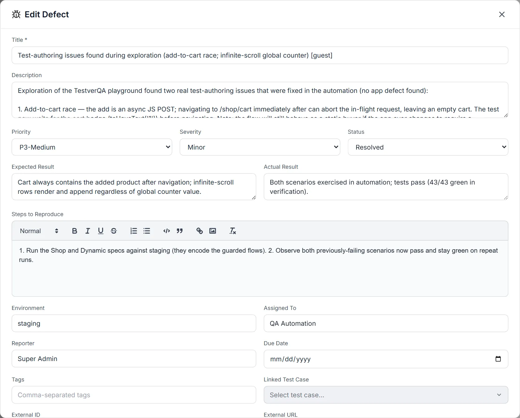 Edit Defect dialog pre-filled with an existing defect — its stored P3-Medium priority, Minor severity, Resolved status, results, steps, environment, assignee and reporter