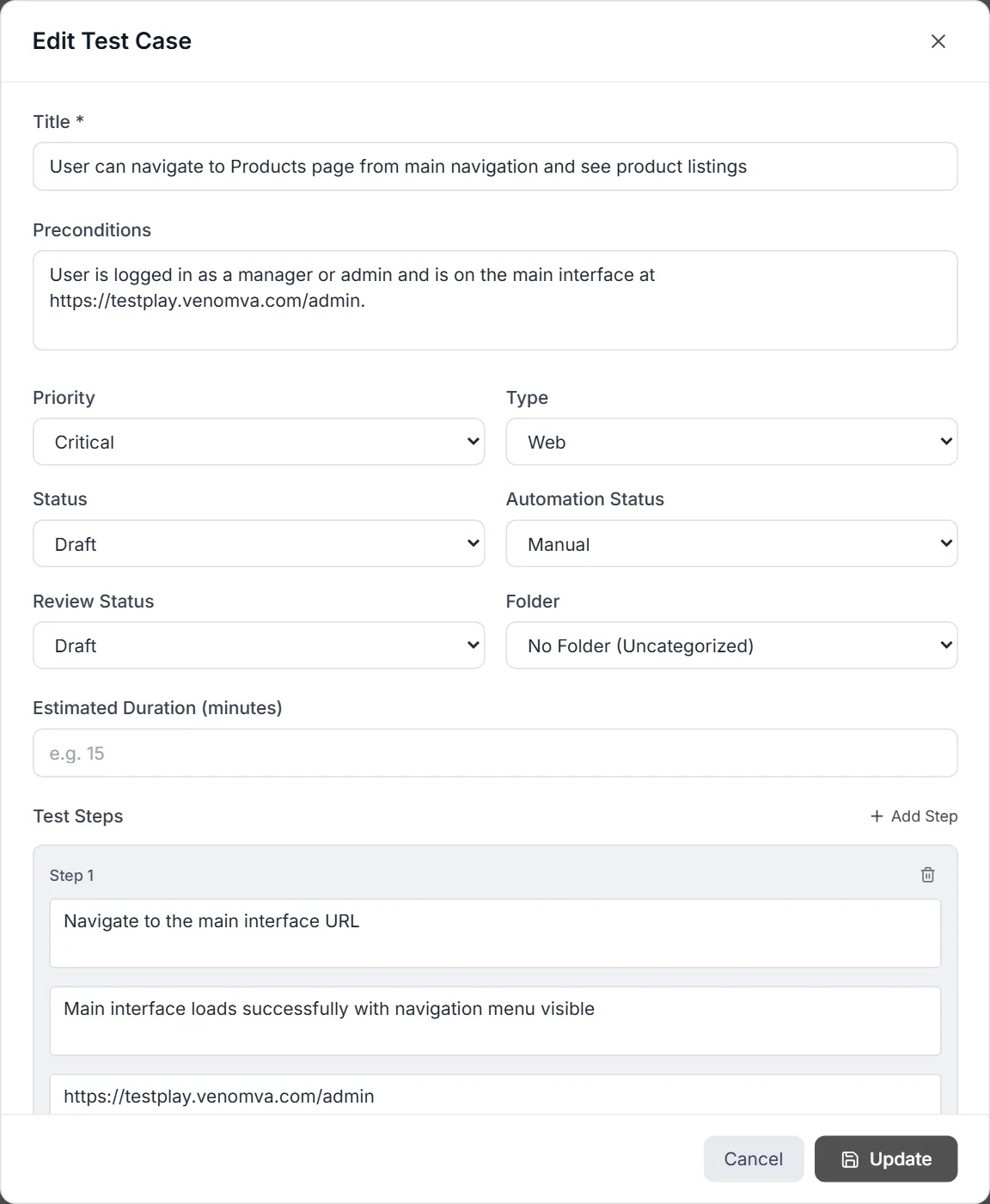 Edit Test Case dialog with several numbered step cards, each with action, expected result and test data