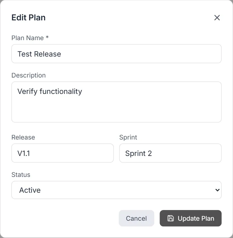 Edit Plan dialog pre-filled with an existing plan and the Update Plan button