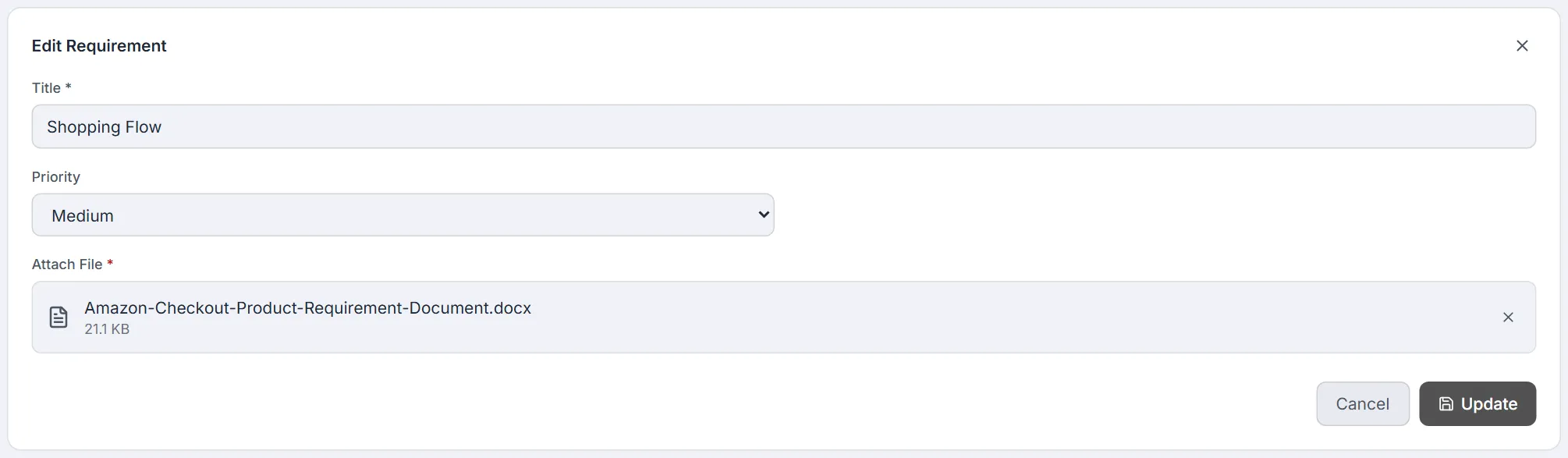 Edit Requirement form pre-filled with the title, priority and attached file, with the Update button
