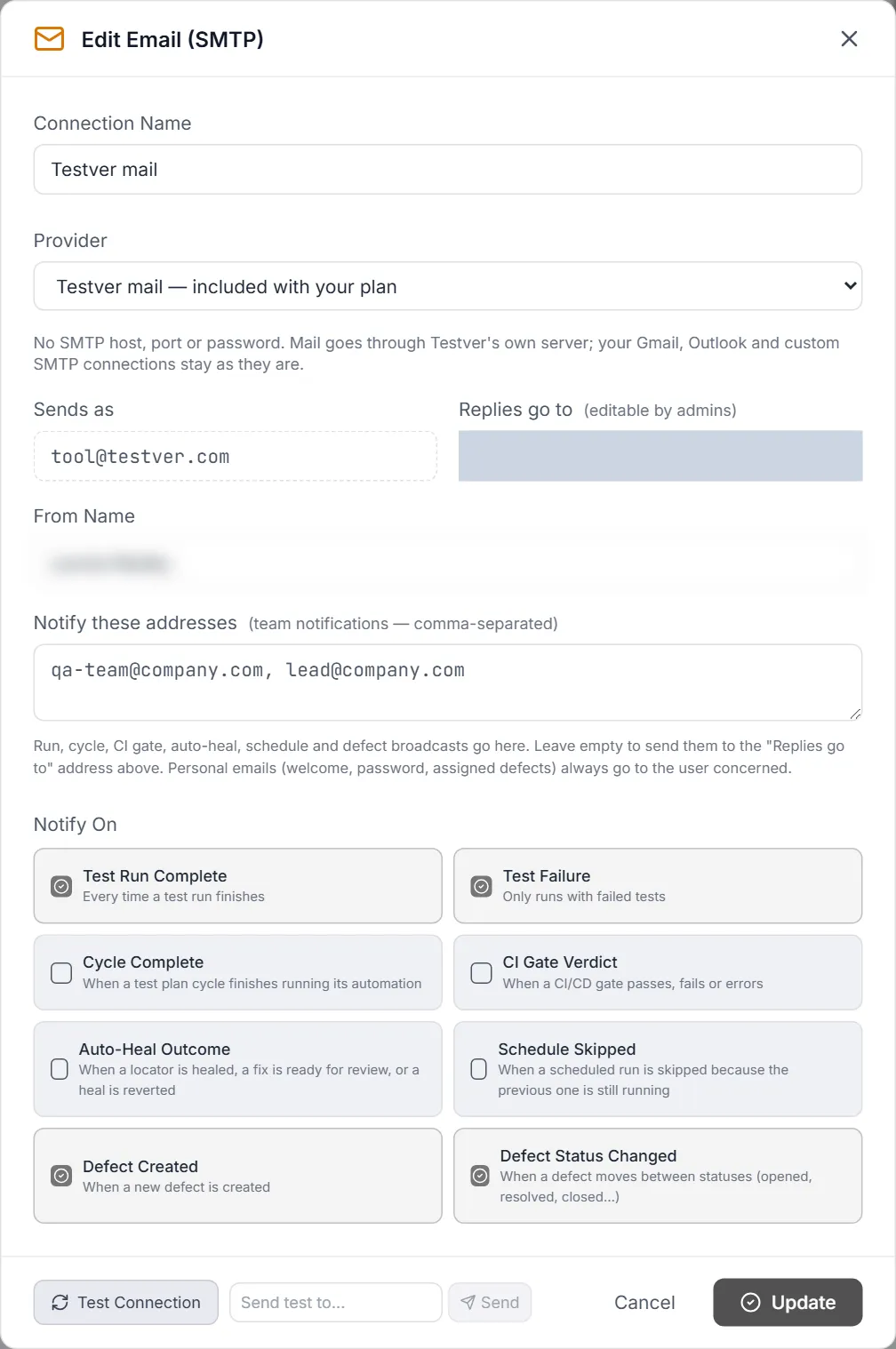 Edit Email (SMTP) dialog using the Testver mail provider — Sends as tool@testver.com, Replies go to, From Name, Notify these addresses, the Notify On grid, and Test Connection / Send test