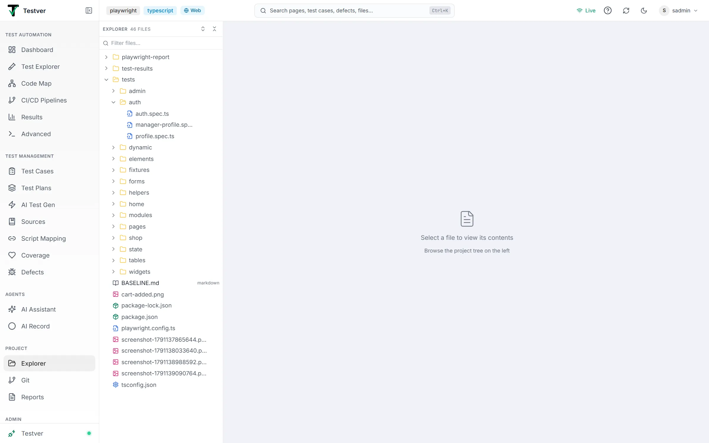 Project Explorer before a file is chosen — the tree with its file count, Expand all / Collapse all, the Filter files box, and Select a file to view its contents on the right