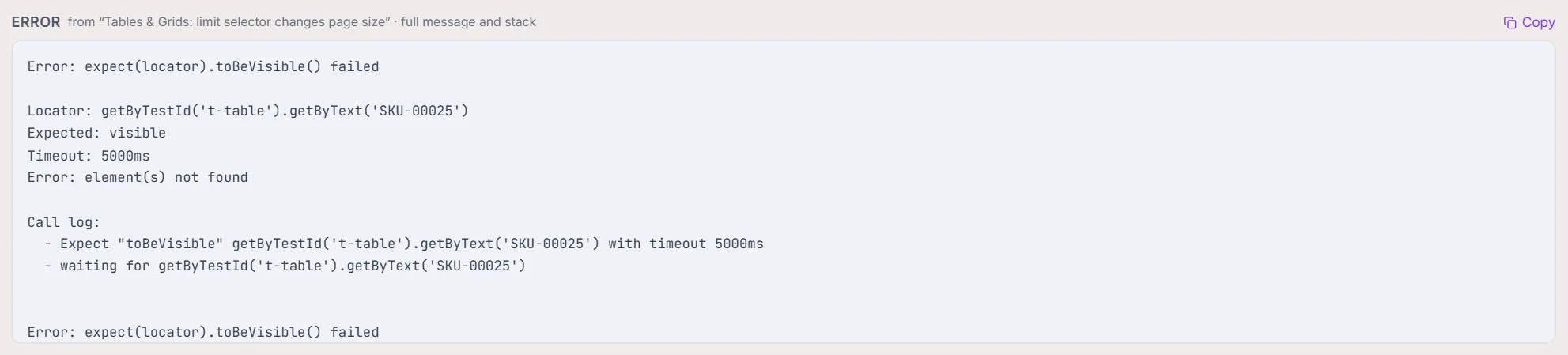 The group's Error block — the full error message and call log from the first affected test, with a Copy button