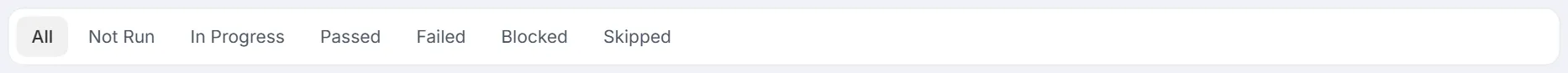 Execution status filter tabs — All, Not Run, In Progress, Passed, Failed, Blocked, Skipped