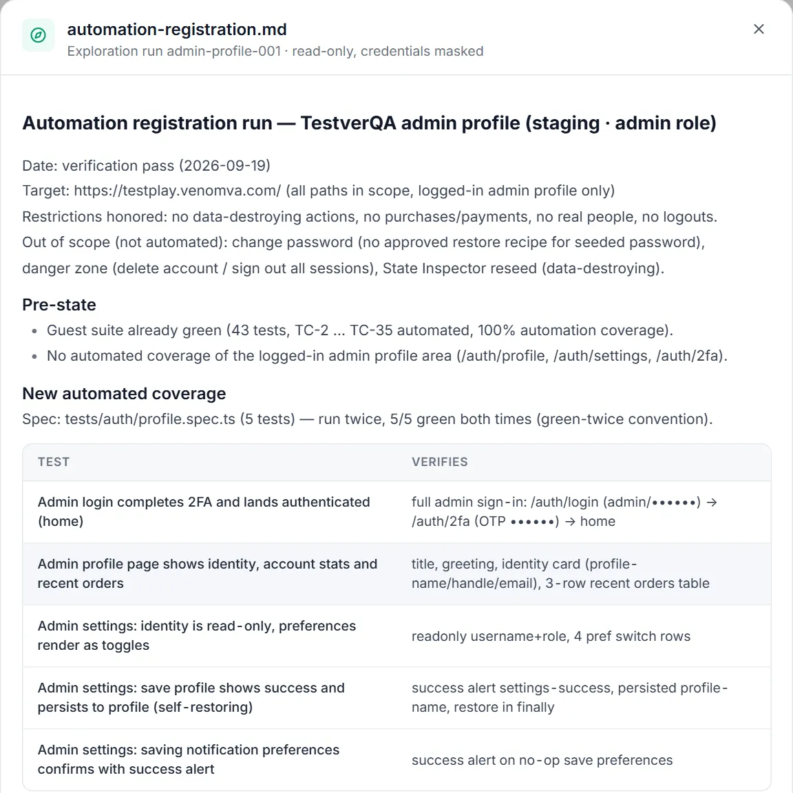 A file from a recorded exploration run (automation-registration.md, run admin-profile-001) opened read-only from an Ask answer — the run’s target, restrictions and the new automated coverage, with credentials masked