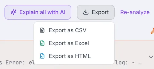 Failure Analysis Export menu — Export as CSV, Export as Excel, Export as HTML
