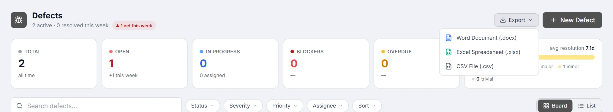 Defects header with the Export menu open — Word, Excel and CSV