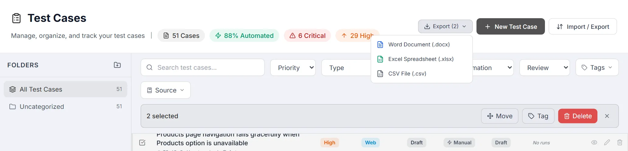 Export (2) menu in the header offering Word, Excel and CSV for the selected cases