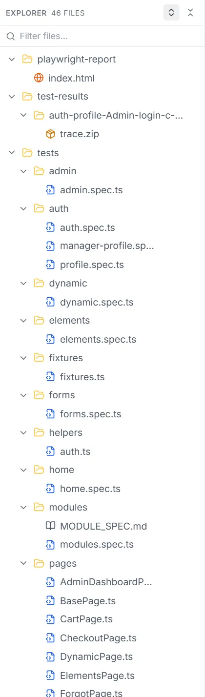File tree after Expand all — folders such as playwright-report, test-results and tests opened to show their files with type-coloured icons
